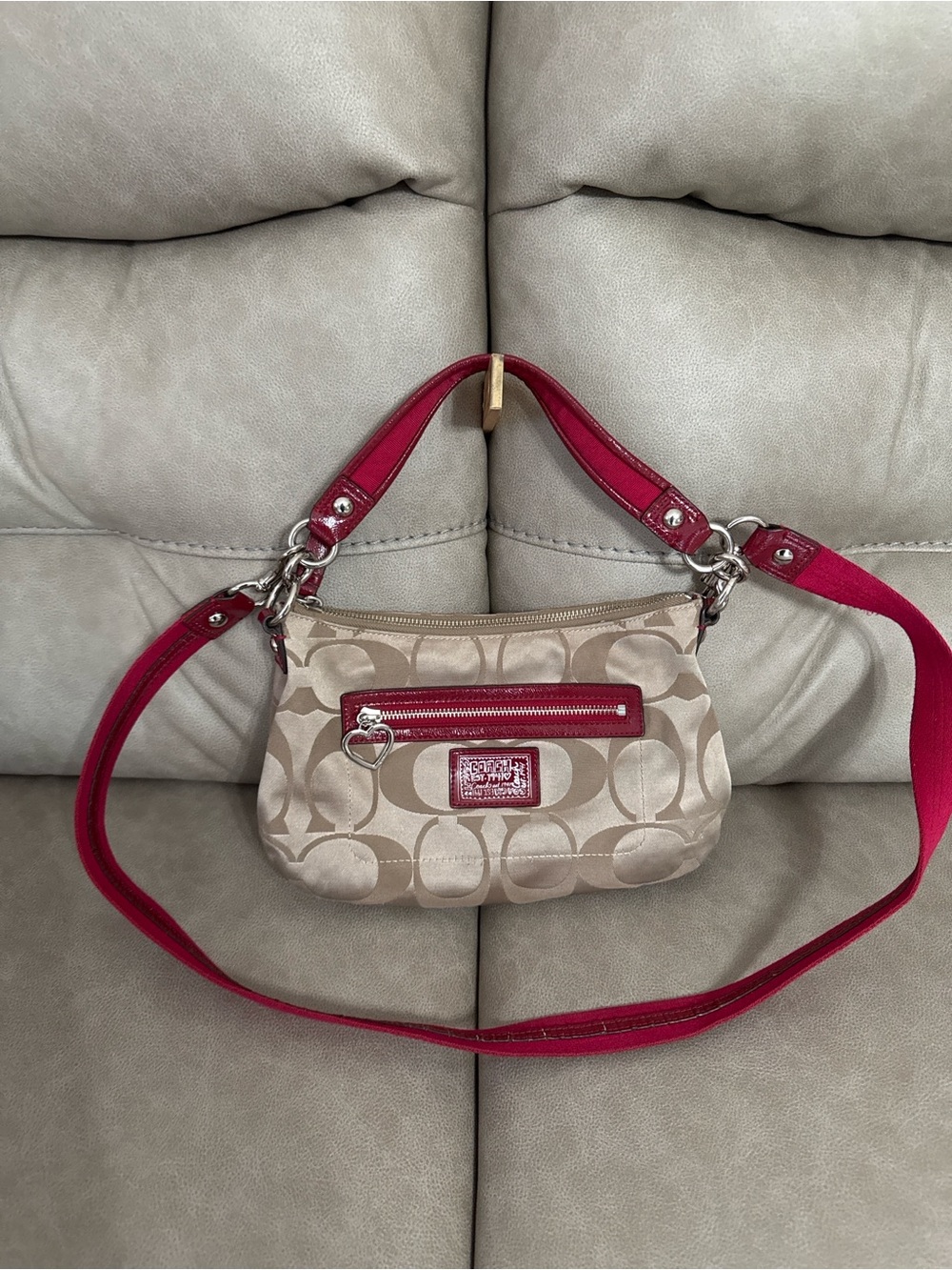 Coach Signature Khaki Pink Patent Crossbody Shoulder Bag Purse
